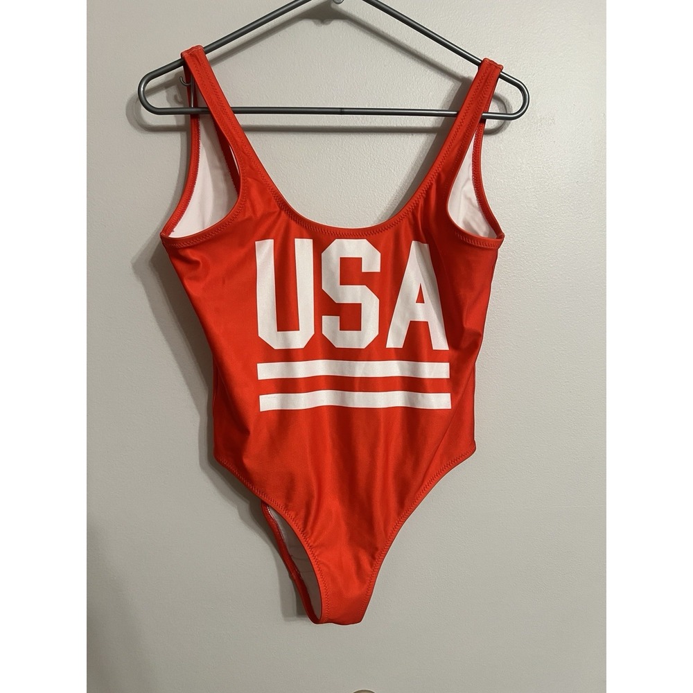 Chubbies Womens Medium Red White USA One Piece Swimsuit Scoop Back Cheeky